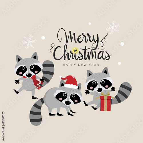 Merry Christmas greeting card with cute raccoon in red costume. Wildlife animal cartoon character in winter background.