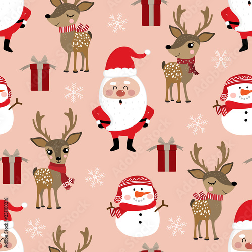 Cute Christmas holidays cartoon seamless pattern and background. Santa Clause, deer, snowman and gift vector.