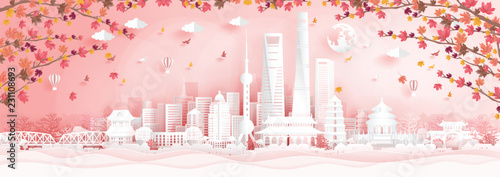 10. SH autumnAutumn in Shanghai, China with falling maple leaves in paper cut style vector illustration