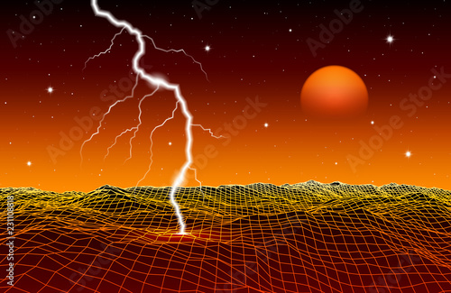 Retro 80s styled futuristic landscape with neon sun or moon and lightning in digital space with shiny grid