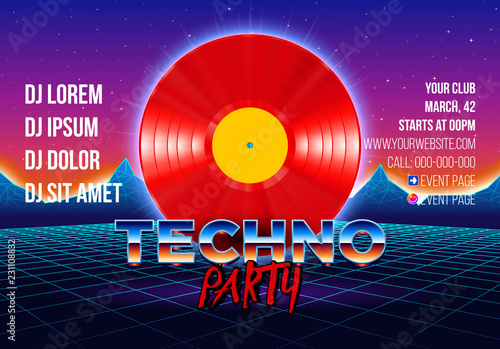 80s party poster with arcade styled background and red vinyl lp for techno retro rave