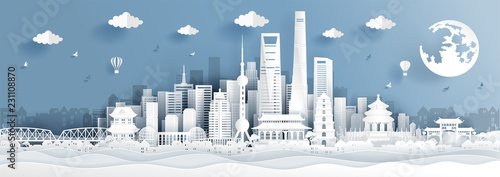 Panorama postcard of world famous landmarks of Shanghai, China in paper cut style vector illustration