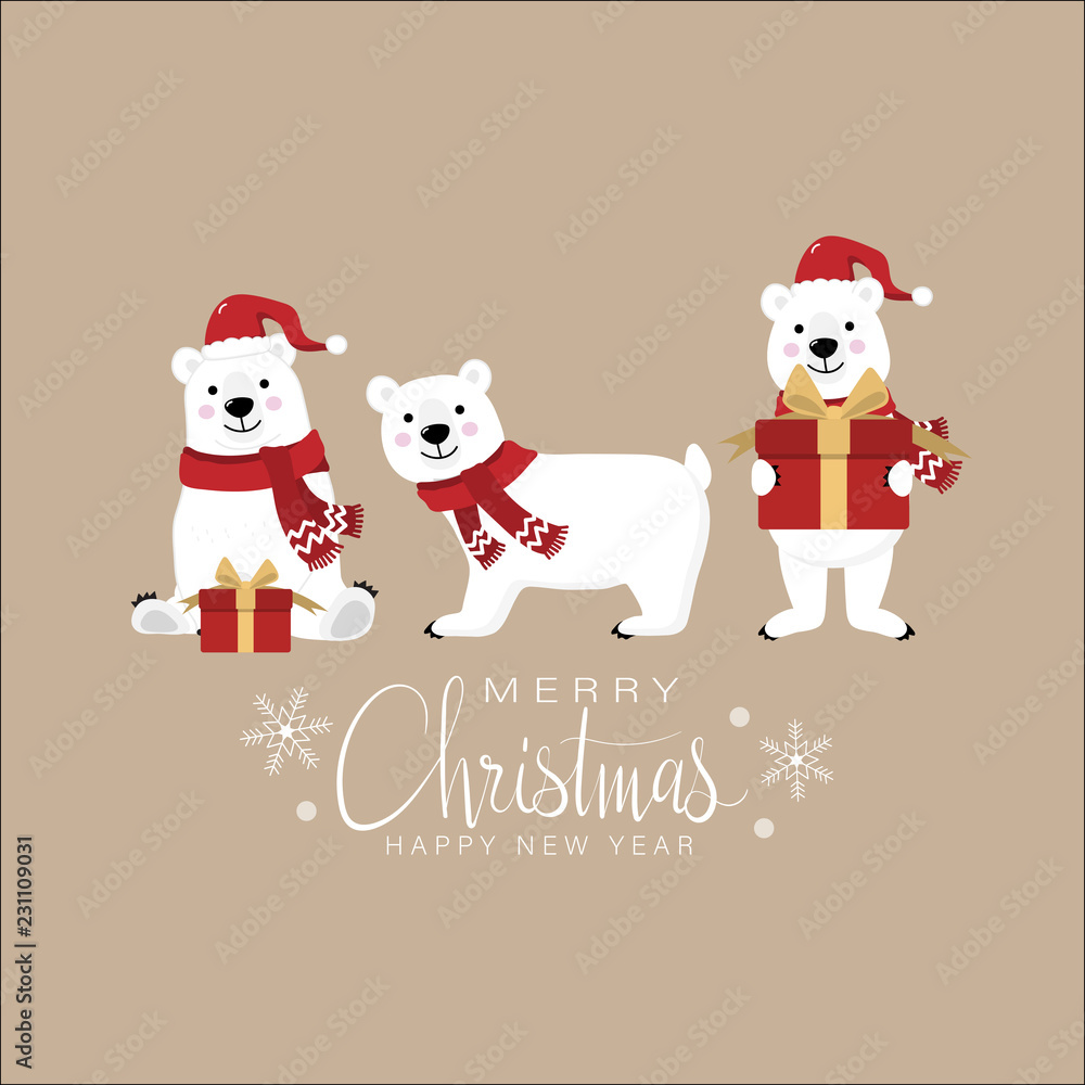 Merry Christmas and happy new year greeting card with cute white polar bear and gift. Animal holidays cartoon character. Merry Christmas and happy new year greeting card with cute white polar bear and gift. Animal holidays cartoon character.