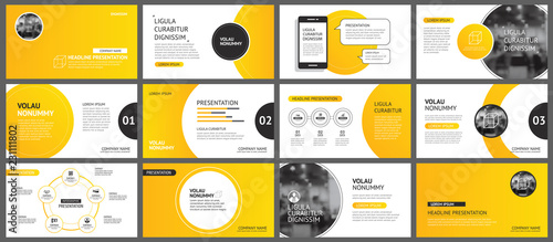 Presentation and slide layout background. Design yellow and orange gradient circle template. Use for business annual report, flyer, marketing, leaflet, advertising, brochure, modern style.