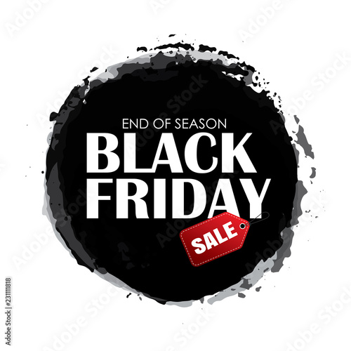 Black friday sale circle banner with white text on grunge black brush stroke. Use for discount, shopping, promotion, advertising.