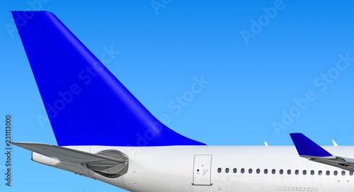 Modern passenger jet aircraft side tail silhouette with aircraft parts wing winglet passenger window aft exit stabilizer fin antenna jet engine exhaust design air travel isolated on sky blue scheme