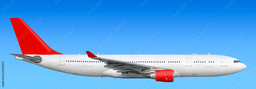 Large heavy modern wide body passenger twin jet engine airplane flying side panoramic detailed close up exterior view reference isolated on blue sky background air travel transportation red theme
