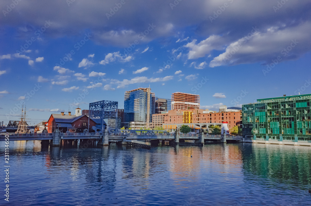 Houses and building over Fort Point Channel in downtown Boston, USA