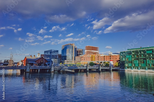 Houses and building over Fort Point Channel in downtown Boston  USA