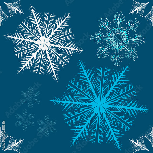 Seamless pattern of white and blue snowflakes on a blue background. Vector illustration.