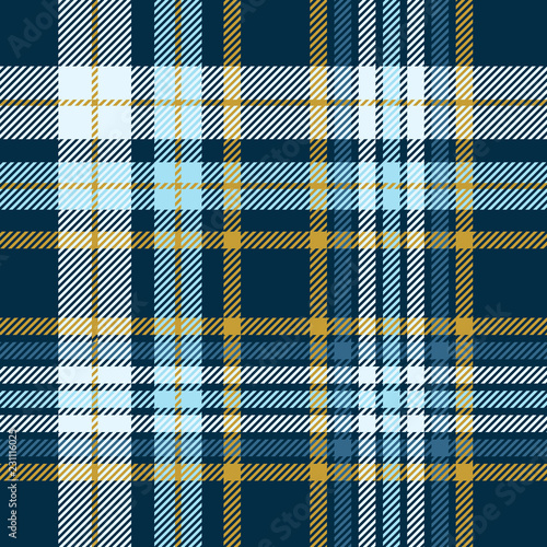 Plaid pattern in dark teal green, robin egg blue and mustard. 
