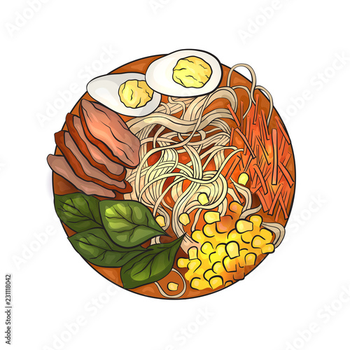 Coloring cartoon illustration of  ramen in different angles. Noodles. Vector element for the menu, card and your creativity.