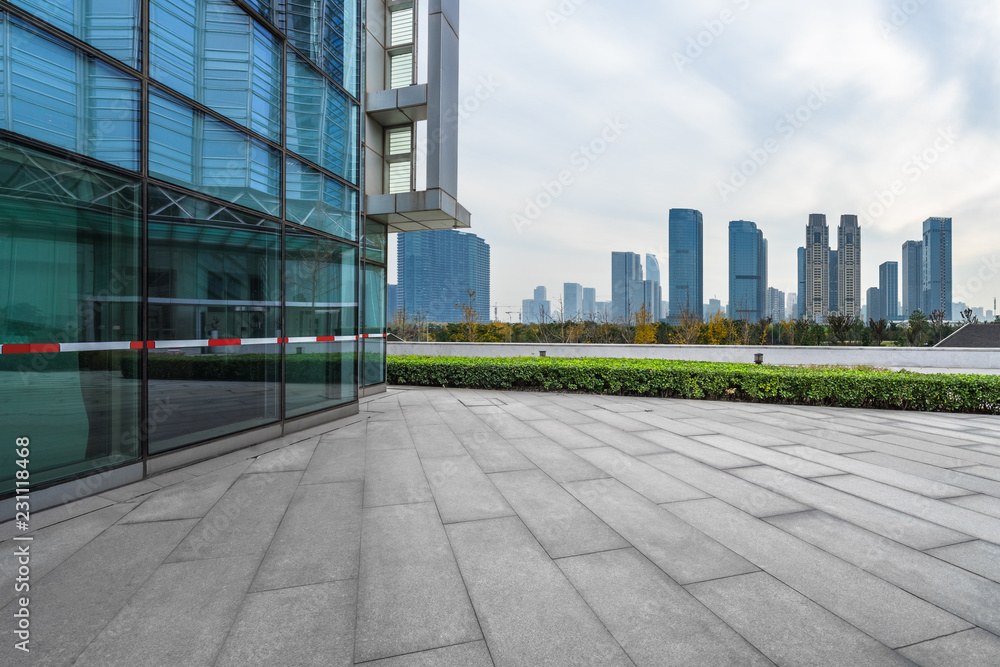 Panoramic skyline and buildings with empty square floor Panoramic skyline and buildings with empty square floor