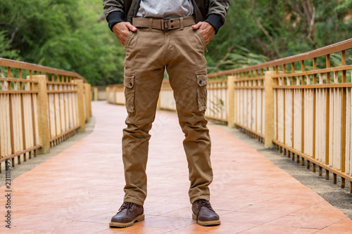 Model wearing cargo pants or cargo trousers