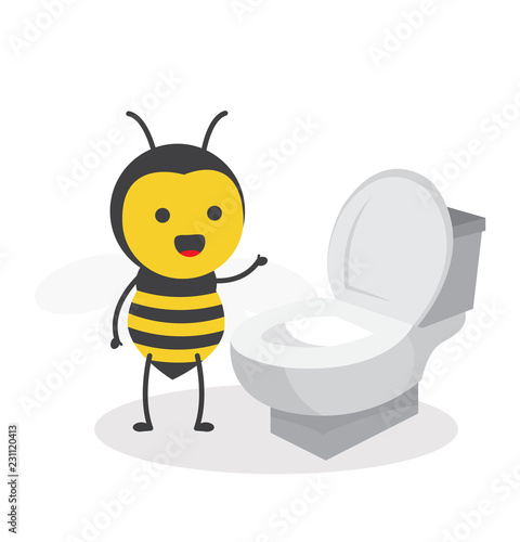 vector illustration character cartoon design cute honey yellow bee mascot near toilet seat with in white background
