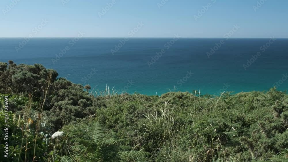 views over the idyllic South Cornish coast at Pedn Vounder, near Porthcurno on a sunny clear June day. views over the idyllic South Cornish coast at Pedn Vounder, near Porthcurno on a sunny clear June day.