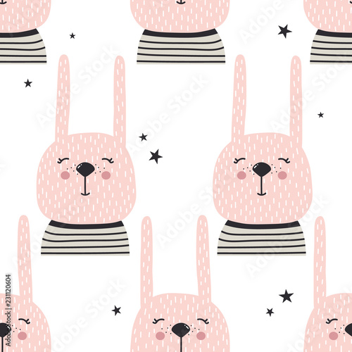 Rabbits, stars, hand drawn backdrop. Colorful seamless pattern with muzzles of animals. Decorative cute wallpaper, good for printing. Overlapping colored background vector