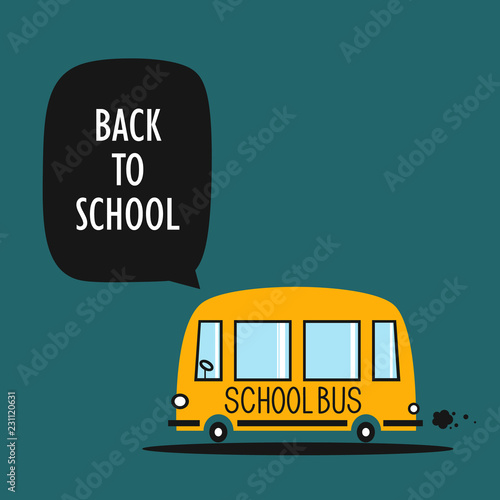 Background, yellow school bus, english text. Back to school, cute poster design. Backdrop vector with transport. Decorative illustration. Save the date card