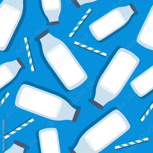 Dairy produce: hand drawn seamless pattern. Colored illustration, fresh dairy products. Decorative cute wallpaper, good for printing. Colorful overlapping background vector. Bottles of milk, tubules