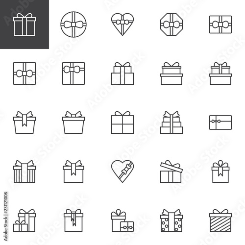 Gift boxes outline icons set. linear style symbols collection, line signs pack. vector graphics. Set includes icons as heart gift box, christmas present box with bow and ribbon, birthday greeting box