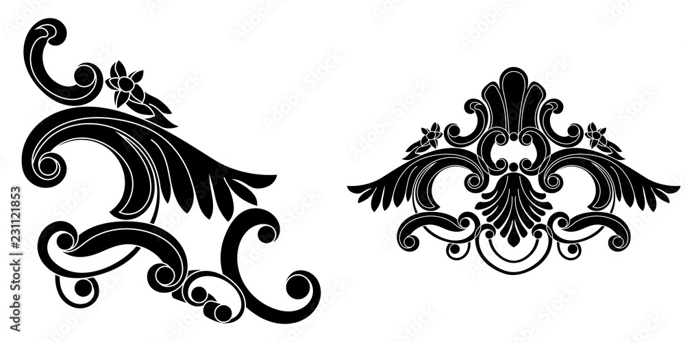 Fototapeta premium Set of vintage baroque ornament, corner. Retro pattern antique style acanthus.