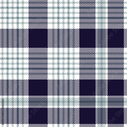 Nautical plaid pattern in dark indigo, greenish blue and white. Seamless fabric texture.