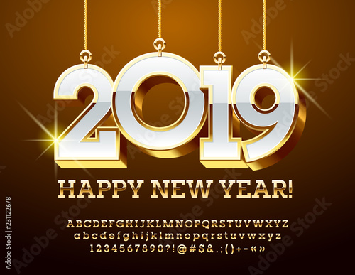 Vector Greeting Card for Happy New Year with shine Toys 2019. Golden Alphabet Letters, Numbers, Symbols. Metallic gradient Font.