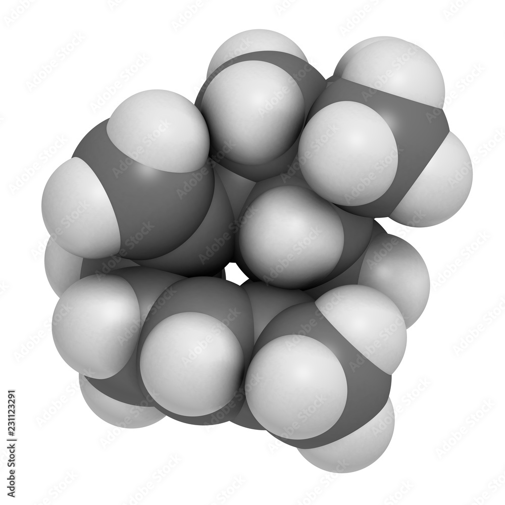 Caryophyllene molecule. Constituent of multiple herbal essential oils, including clove oil. 3D rendering. Atoms are represented as spheres with conventional color coding. Caryophyllene molecule. Constituent of multiple herbal essential oils, including clove oil. 3D rendering. Atoms are represented as spheres with conventional color coding.