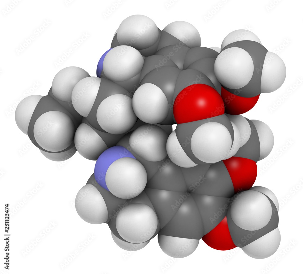 Emetine molecule. Has emetic (induces vomiting) and anti-protozoal properties. 3D rendering. Atoms are represented as spheres with conventional color coding: hydrogen (white), etc Emetine molecule. Has emetic (induces vomiting) and anti-protozoal properties. 3D rendering. Atoms are represented as spheres with conventional color coding: hydrogen (white), etc