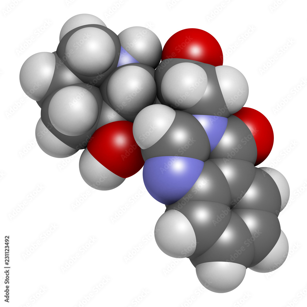Febrifugine alkaloid molecule, first isolated from Dichroa febrifuga. 3D rendering. Atoms are represented as spheres with conventional color coding. Febrifugine alkaloid molecule, first isolated from Dichroa febrifuga. 3D rendering. Atoms are represented as spheres with conventional color coding.