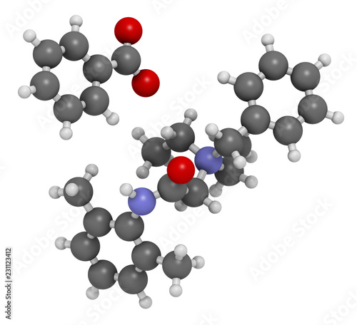 Denatonium benzoate bittering agent. 3D rendering. Atoms are represented as spheres with conventional color coding: hydrogen (white), carbon (grey), oxygen (red), nitrogen (blue).