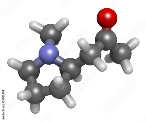 Hygrine coca alkaloid molecule. 3D rendering. Atoms are represented as spheres with conventional color coding: hydrogen (white), carbon (grey), oxygen (red), nitrogen (blue). photo