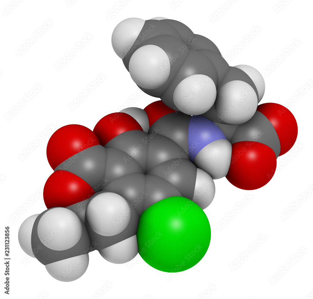 Ochratoxin A mycotoxin molecule. 3D rendering. Atoms are represented as spheres with conventional color coding: hydrogen (white), carbon (grey), oxygen (red), nitrogen (blue), chlorine (green). Ochratoxin A mycotoxin molecule. 3D rendering. Atoms are represented as spheres with conventional color coding: hydrogen (white), carbon (grey), oxygen (red), nitrogen (blue), chlorine (green).