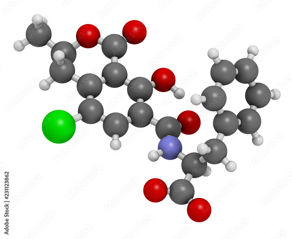 Ochratoxin A mycotoxin molecule. 3D rendering. Atoms are represented as spheres with conventional color coding: hydrogen (white), carbon (grey), oxygen (red), nitrogen (blue), chlorine (green). Ochratoxin A mycotoxin molecule. 3D rendering. Atoms are represented as spheres with conventional color coding: hydrogen (white), carbon (grey), oxygen (red), nitrogen (blue), chlorine (green).