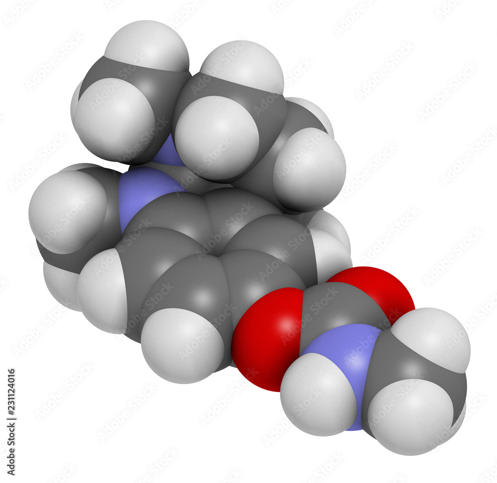 Physostigmine alkaloid molecule. Present in calabar bean and manchineel tree, acts as acetylcholinesterase inhibitor. 3D rendering. Atoms are represented as spheres with conventional color coding.