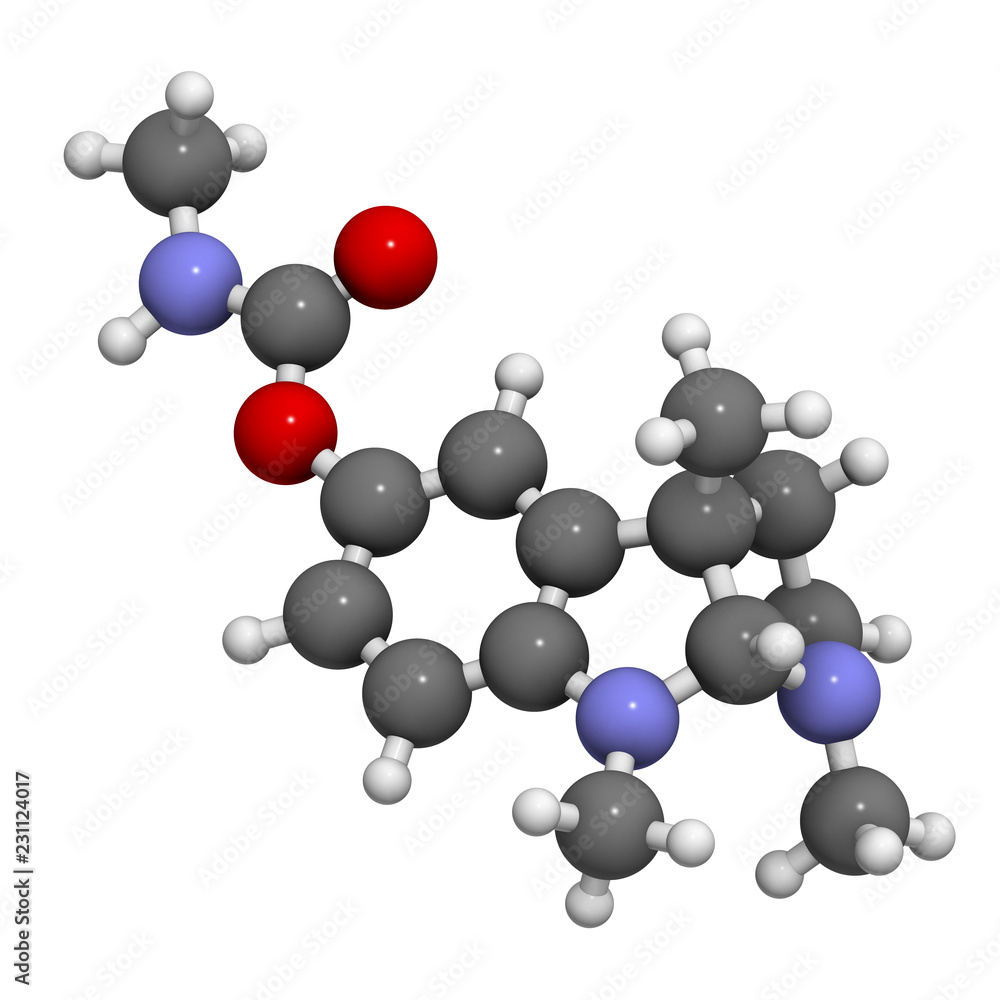 Physostigmine alkaloid molecule. Present in calabar bean and manchineel tree, acts as acetylcholinesterase inhibitor. 3D rendering. Atoms are represented as spheres with conventional color coding. Physostigmine alkaloid molecule. Present in calabar bean and manchineel tree, acts as acetylcholinesterase inhibitor. 3D rendering. Atoms are represented as spheres with conventional color coding.