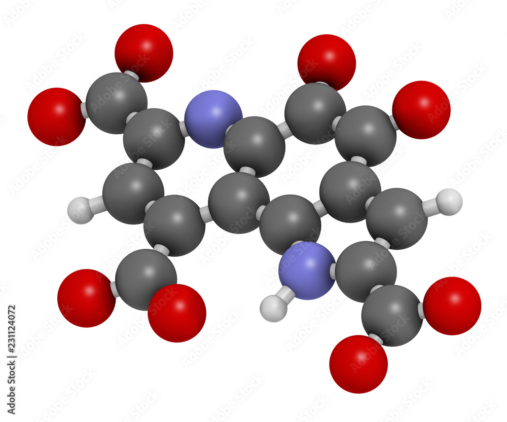 Pyrroloquinoline quinone (PQQ) redox cofactor molecule. 3D rendering. Atoms are represented as spheres with conventional color coding: hydrogen (white), carbon (grey), oxygen (red), nitrogen (blue). Pyrroloquinoline quinone (PQQ) redox cofactor molecule. 3D rendering. Atoms are represented as spheres with conventional color coding: hydrogen (white), carbon (grey), oxygen (red), nitrogen (blue).