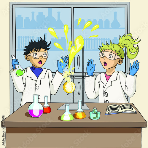 Students boy and girl, conducting a chemical experiment. They made a mistake and the chemical is flying around the lab. unsuccessful experiment