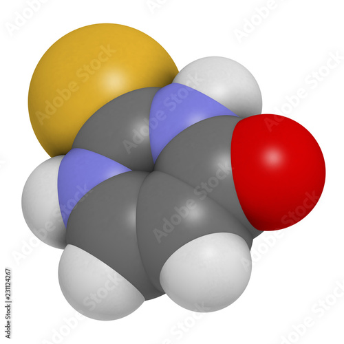 Thiouracil drug molecule. Obsolete drug molecule, previously used in the treatment of Graves' disease. 3D rendering. Atoms are represented as spheres with conventional color. photo