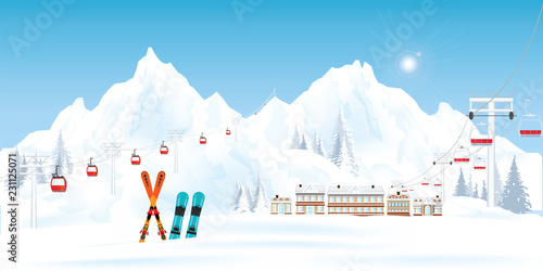 Ski resort with cable cars or aerial lift and ski-lift.