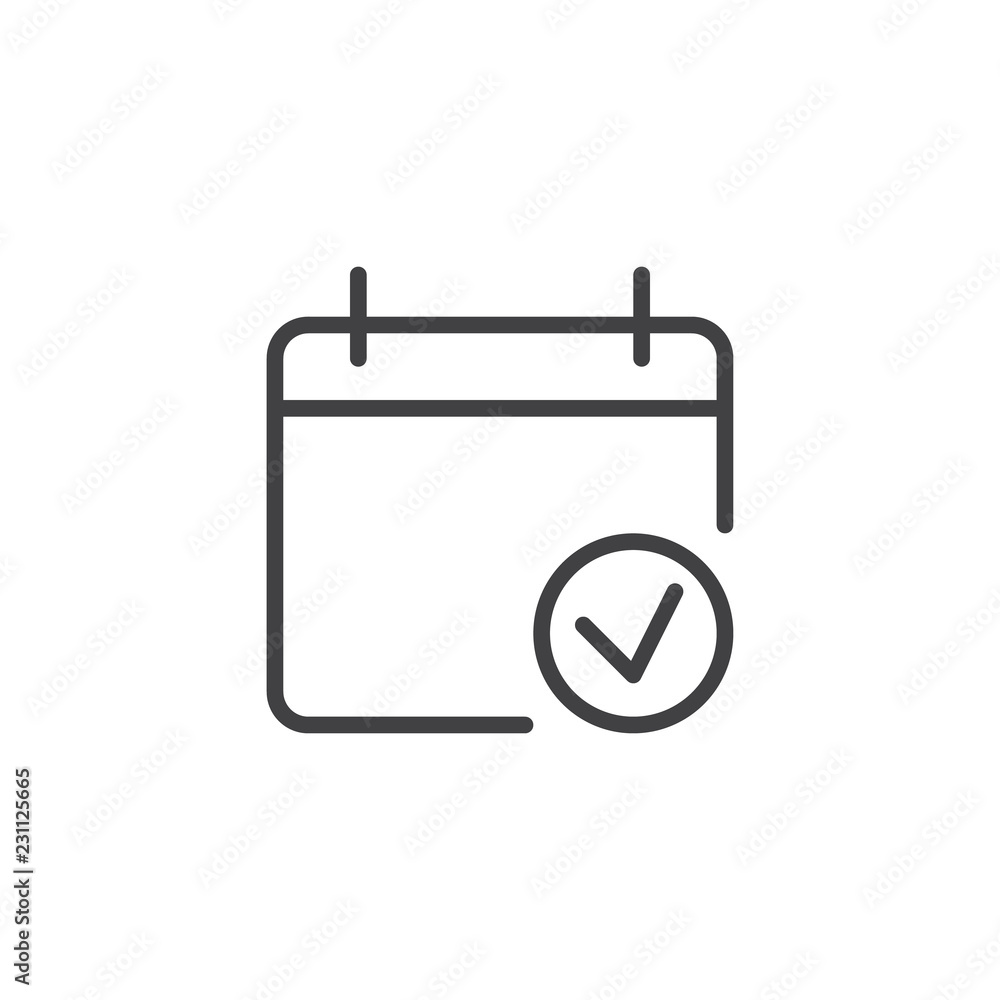 Calendar check date outline icon. linear style sign for mobile concept and web design. calendar with tick simple line vector icon. Symbol, logo illustration. Pixel perfect vector graphics Calendar check date outline icon. linear style sign for mobile concept and web design. calendar with tick simple line vector icon. Symbol, logo illustration. Pixel perfect vector graphics