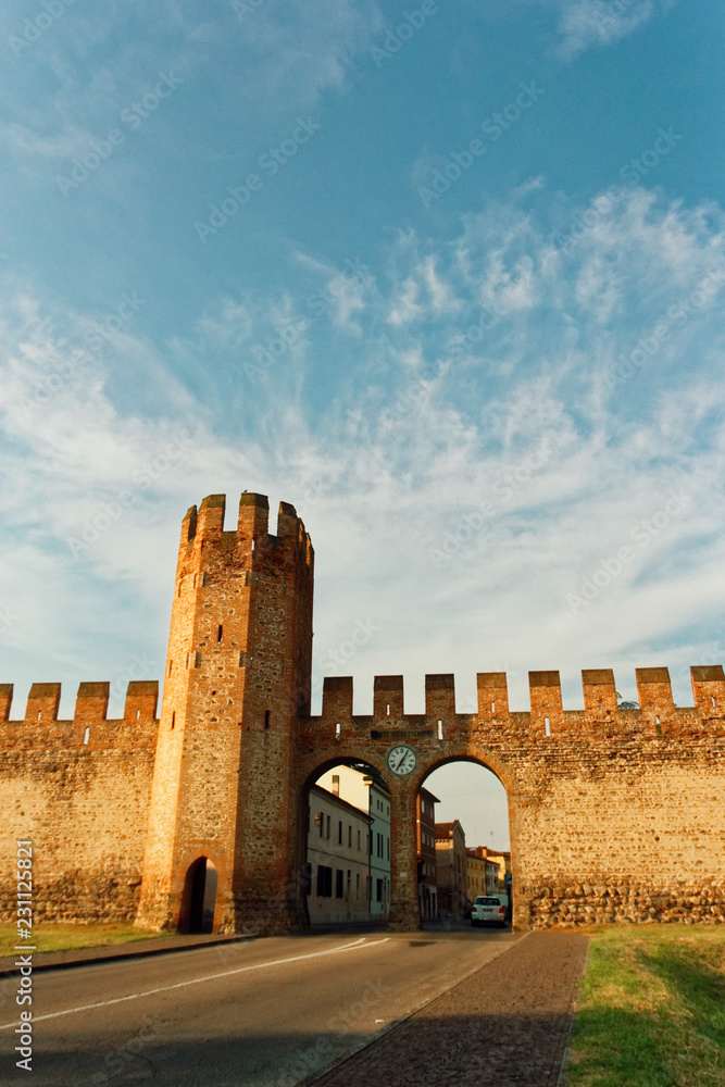 Montagnana, Italy August 6, 2018: City fortress. High walls of red brick.