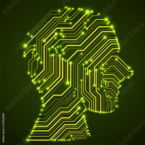 Abstract neon human head with circuit board