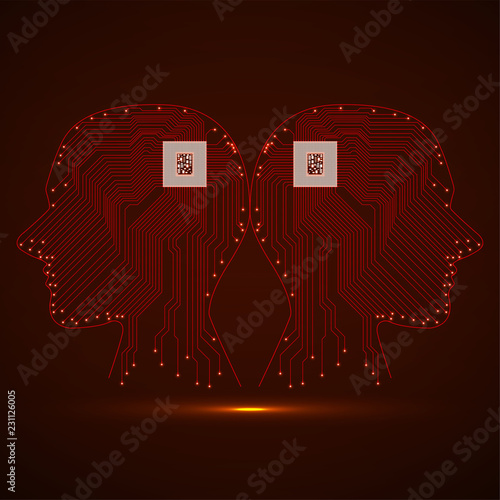 Abstract neon two human head with cpu, circuit board