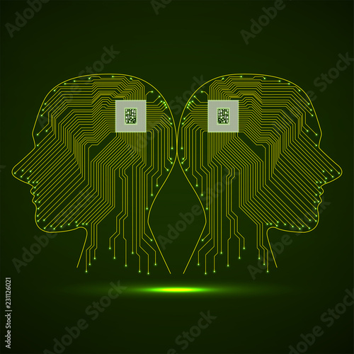 Abstract neon two human head with cpu, circuit board