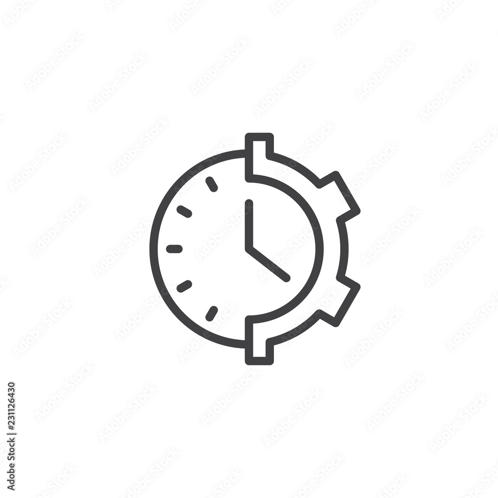 Gear clock outline icon. linear style sign for mobile concept and web design. Time setting simple line vector icon. Symbol, logo illustration. Pixel perfect vector graphics Gear clock outline icon. linear style sign for mobile concept and web design. Time setting simple line vector icon. Symbol, logo illustration. Pixel perfect vector graphics