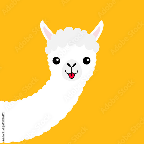 Llama alpaca animal face, long neck. Cute cartoon funny kawaii character. Fluffy hair fur. T-shirt, greeting card, poster template print. Childish baby collection. Flat design. Yellow background.