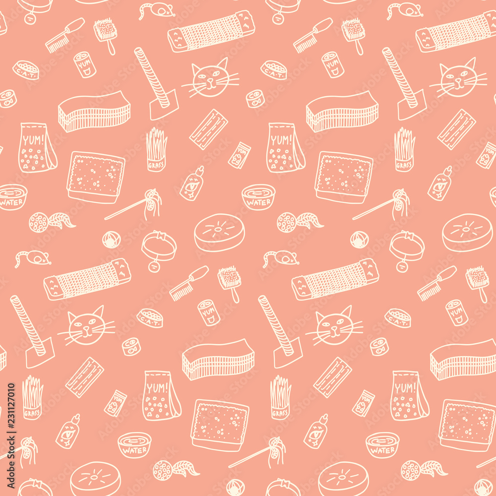 Seamless pattern with cat goods, soft peach color Seamless pattern with cat goods, soft peach color