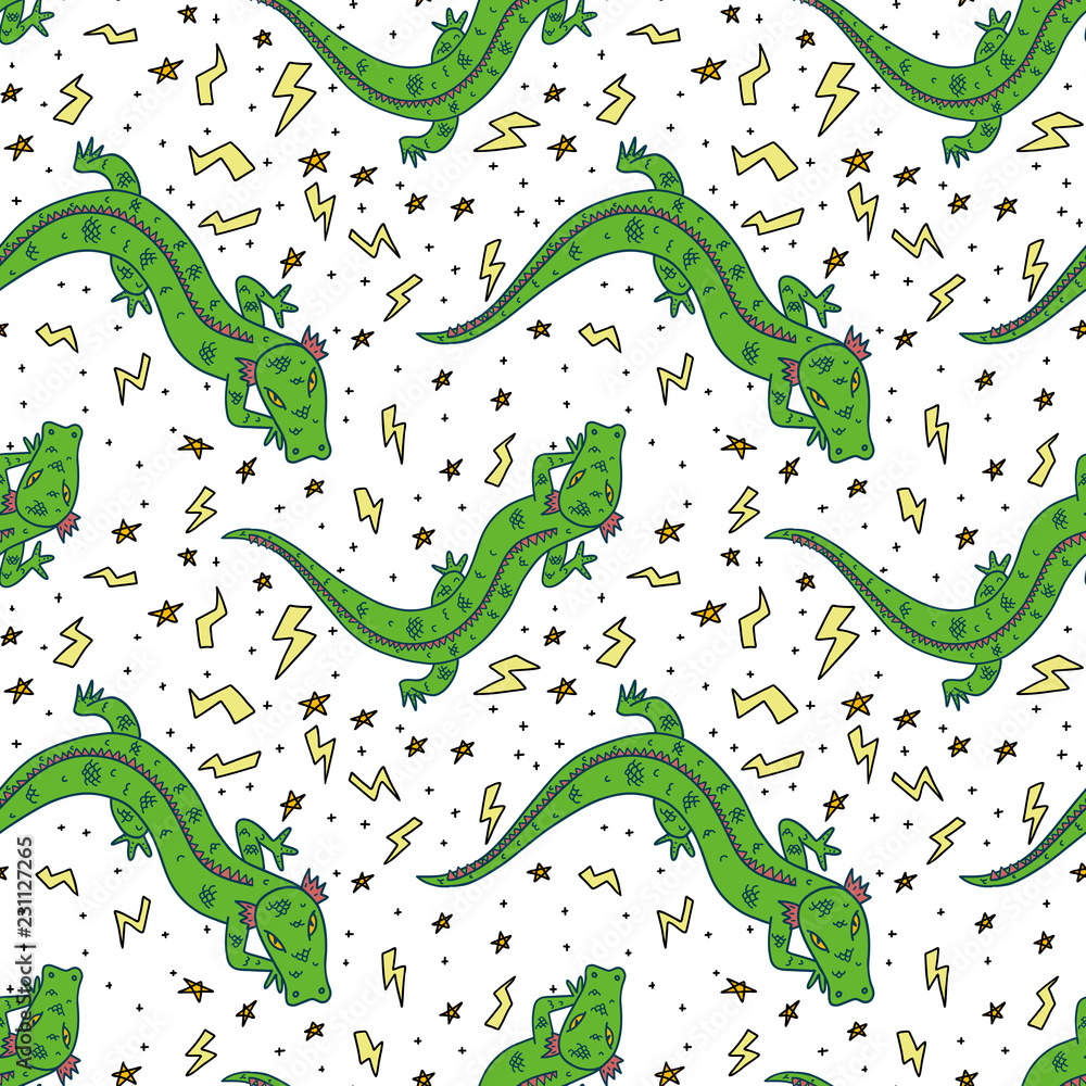 Obraz premium Seamless pattern with green dragons on white