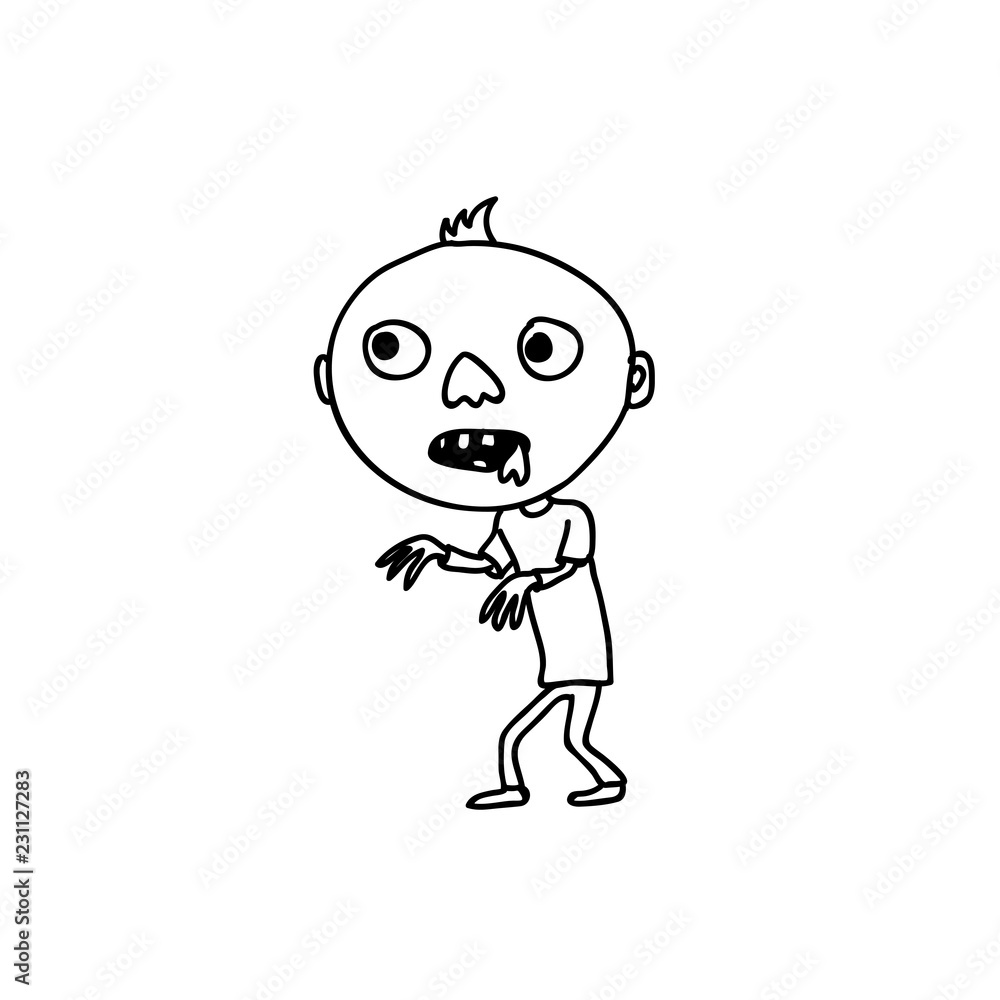 Character walking like zombie. Black and white doodle. Rickets. Character walking like zombie. Black and white doodle. Rickets.